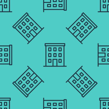 Siyah çizgi çok katlı bina ikonu yeşil arka planda izole edilmiş pürüzsüz desen. Vektör