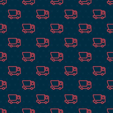 Kırmızı çizgi oyuncak kamyon ikonu siyah arka planda kusursuz desen izole etti. Vektör