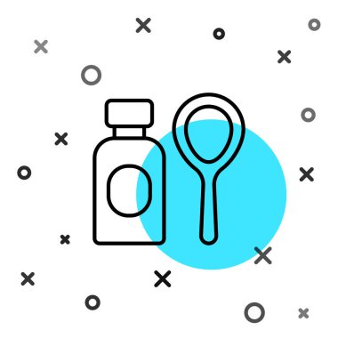 Siyah çizgi sabun köpükleri beyaz arka planda izole edilmiş şişe ikonu. Köpüren sabun çubuğu şişesi. Rastgele dinamik şekiller. Vektör