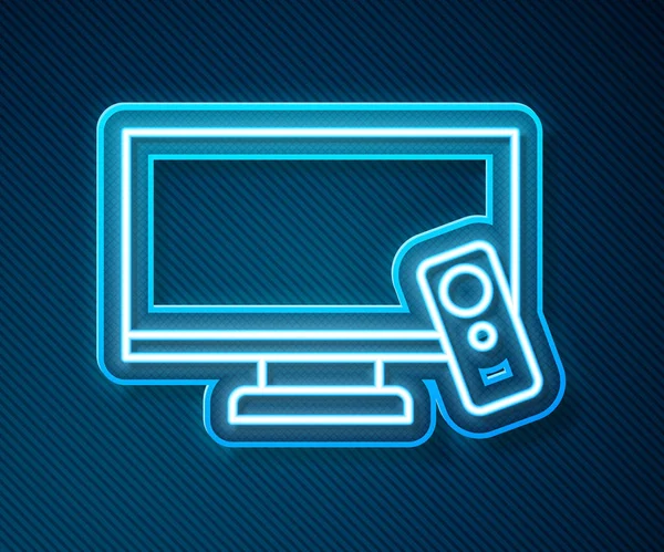 Linha de néon brilhante ícone Smart Tv isolado no fundo azul. Sinal de televisão. Vetor — Vetor de Stock