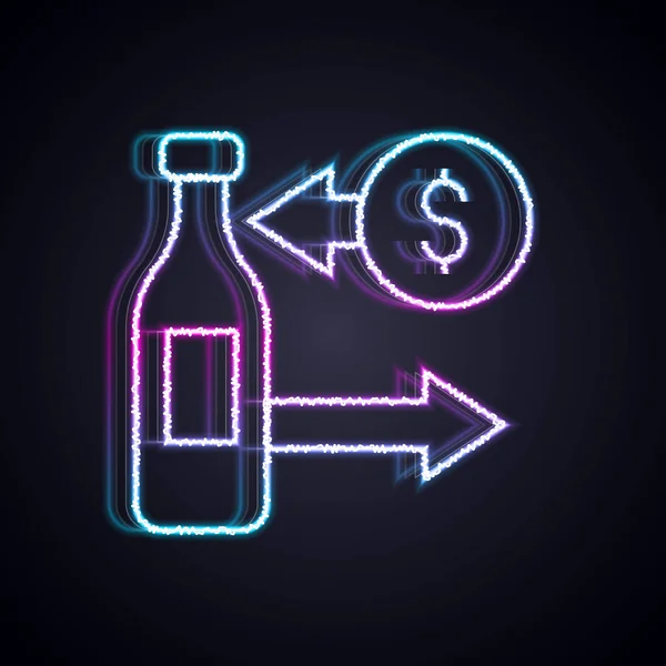 Glödande neon line Mottagning och försäljning av glasflaskor ikon isolerad på svart bakgrund. Vektor — Stock vektor