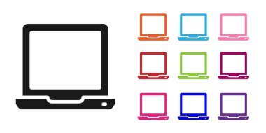 Beyaz arkaplanda siyah dizüstü bilgisayar simgesi izole edildi. Boş ekran işaretli bilgisayar defteri. Simgeleri renklendirin. Vektör