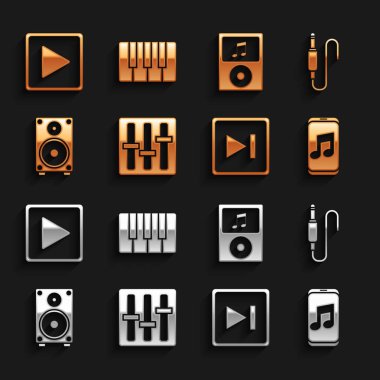 Ses karıştırıcı denetleyici, ses ayarı, müzik çalar, İleri sar, Stereo hoparlörü, kare ve sentezleyici simgesiyle çal. Vektör