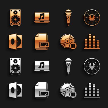 MP3 dosya belgesi, çevir düğmesi teknoloji ayarları, Müzik eşitleyici, Vinil disk, vinil, mikrofon, Stereo hoparlör ve Laptop müzik nota simgesi ile oynatıcı ayarla. Vektör