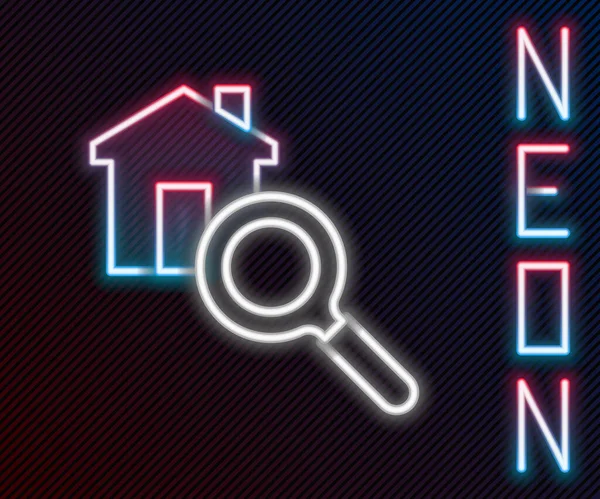 Glowing Neon Line Search House Icon Isolated Black Background Real — Stock Vector