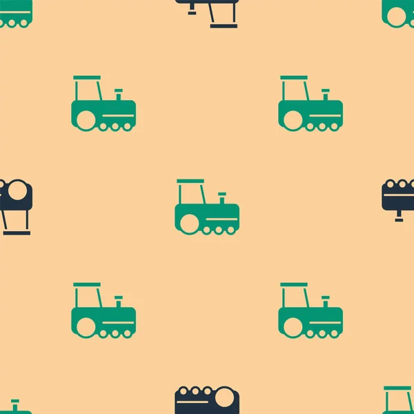 Green Black Toy Train Icon Isolated Seamless Pattern Beige Background — Vetor de Stock