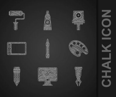 Çizim için Wax boya kalemlerini, bilgisayar monitörü ekranını, dolma kalem ucunu, paleti, silgiyle kalem kalemini, grafik tabletini, sprey başlığı ve fırça simgesini ayarlayın. Vektör