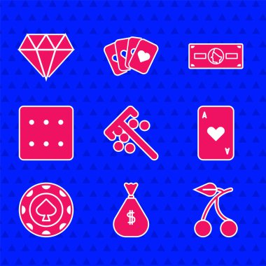 Çubuk çipler, para çantası, kirazlı kumarhane kumar makinesi, kart kalbi, zar oyunu, kağıt para yığını ve elmas ikonu. Vektör