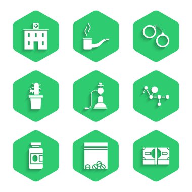 Nargile, plastik torba dolusu ilaç, kağıt para, kenevir molekülü, ilaç şişesi ve haplar, kaktüs peyote tenceresi, kelepçeler ve tıp hastanesi ikonu. Vektör