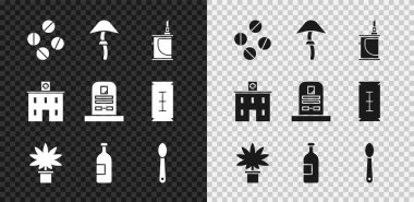 İlaç hapı ya da tablet, elektronik sigara, marihuana esrarı, alkol şişesi, eroin kaşığı, tıbbi hastane binası ve RIP yazılı ikon içeren Tombstone. Vektör