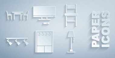 Gardırobu, sandalyeyi, ışık ve lambaları, yeri, akıllı televizyonu ve sandalye ikonlu ahşap masayı ayarlayın. Vektör