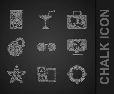 Set Glasses, Photo camera, Lifebuoy, Speech bubble with airplane, Starfish, Location on the globe, Suitcase and Passport icon. Vector vector