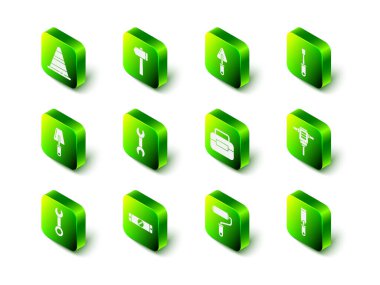 Hammer, Trowel, Screwdriver, Electric rotary hammer drill, Rasp metal file, Toolbox, Paint roller brush ve Construction balon seviye ikonu. Vektör