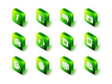 Telefon ve grafik tableti, Zarf, E- posta ile takvim, Adres defteri, Konuşma baloncuğundan yapılmış dünya haritası, House, Monitor zarfı ve Mobil simgeyi ayarla. Vektör