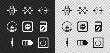 İşlemciyi mikro devre işlemcisi, elektrik şeması, ses sistemi, pil şarj seviyesi göstergesi, ışık anahtarı, Ampere ölçer, multimetre, voltmetre ve elektrik çıkış ikonu ile ayarla. Vektör