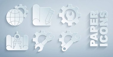 Anahtarı ve teçhizatı ayarla. Grafik kağıt pusula, kalem ve Dünya 'nın Küresi simgesi. Vektör