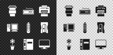 Kahve fincanını paket yap, Klavye, Yazıcı, Flower pot, Ofis klasörleri, Bilgisayar monitörü ekranı ve Kırtasiye bıçağı simgesi. Vektör