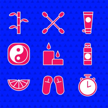 Yanan mumu, Slipper, Stopwatch, krem veya losyon kozmetik tüpünü, Citrus meyvesini, Yin Yang 'i ve yaprak ikonlu bambu saplarını hazırlayın. Vektör