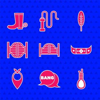 Salon kapısı, Bang boom, silah çizgi romanı, darağacından halat sallanma, kano ve kürek, kovboy bandanası, Kızılderili tüyü ve bot ikonu. Vektör