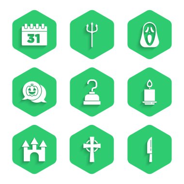 Korsan kancası, haçlı Tombstone, yanan mum, Castle, Balkabağı, komik korkunç hayalet maskesi ve Cadılar Bayramı ikonu. Vektör