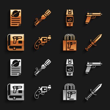 Küçük silah tabancası, tabanca, askeri bıçak, silah, kitap, biber gazı, silah ruhsatı ve tanksavar el bombası ikonu. Vektör