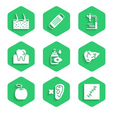 Göz damlası şişesi, Sağır, Yaralı dikiş, Hepatit virüsü, Elma, Diş bakımı, Mikroskop ve deri kaplama ikonu. Vektör