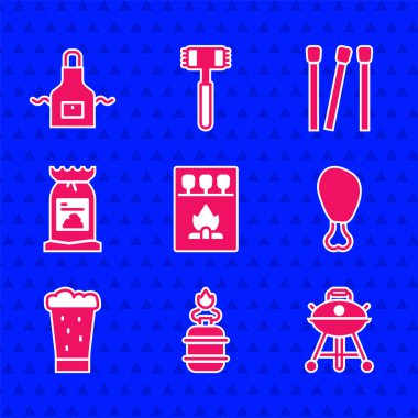 Kibrit kutusu ve kibritler, kamp gaz ocağı, ızgara ızgara, tavuk budu, bir bardak bira, kömür torbası, kibrit ve mutfak önlüğü. Vektör