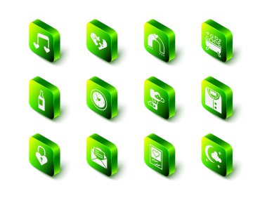 Kırık kalp ya da boşanma, aşk mıknatısı, banyoda romantik, takım elbise, ay ve yıldızlar, sıcak hava balonu, kalp çerçeveleri ve tebrik kartı ikonu. Vektör