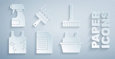 Çamaşır deterjanı, süpürge, kirli tişört, havuz temizleyicisi, cam temizleyicisi ve temizlik spreyi ikonu hazırla. Vektör