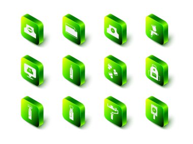 Set Paper adhesive sticker, Spray can nozzle cap, Paint spray gun, School backpack, Marker pen attachment, roller brush and  icon. Vector