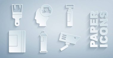 Set Paint spray can, Marker pen, Spiral notebook, Security camera, Spray nozzle cap and brush icon. Vector