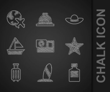 Set Action camera, Surfboard, Whiskey bottle, Starfish, Suitcase, Yacht sailboat, Elegant women hat and Globe with flying plane icon. Vector vector