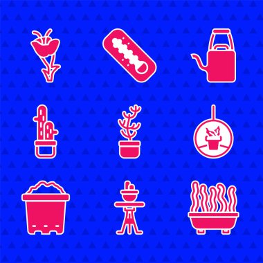 Set Exotic tropical plant in pot, Plant on table, hanging, Pot with soil, Cactus peyote, Watering can and Flower icon. Vector