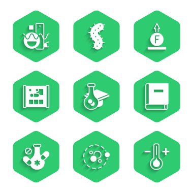 Set Graduation cap, Atom, Thermometer, Science book, Medicine pill, Graphing paper for engineering, Force of physic formula and Basic geometric shapes icon. Vector