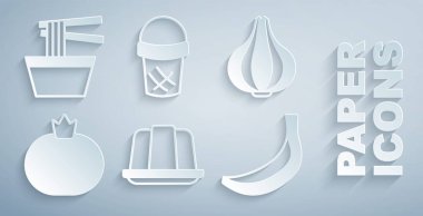 Set Jelly cake, Garlic, Tomato, Banana, Ice cream in waffle and Asian noodles bowl icon. Vector