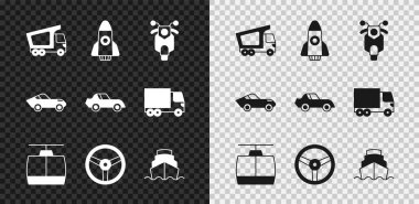 Set Delivery cargo truck, Rocket ship, Scooter, Cable, Steering wheel, Cruise, Car and  icon. Vector