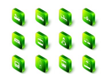 Set Bus, Train and railway, Plane, Tram, Cable car, Rocket ship,  and Surfboard icon. Vector