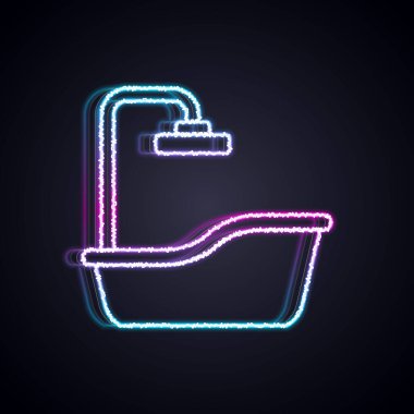 Parlayan neon hattı küvet simgesi siyah arkaplanda izole edildi. Vektör