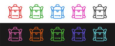 Siyah beyaz arkaplanda Yürüyüş çizgisi simgesi izole edildi. Kamp ve dağ gezisi sırt çantası. Vektör