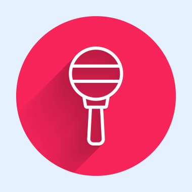 Beyaz çizgi Çıngıraklı Bebek oyuncağı ikonu uzun gölge arkaplan izole. Fasulye torbası işareti. Kırmızı daire düğmesi. Vektör