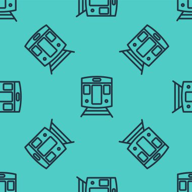 Black line Train and railway icon isolated seamless pattern on green background. Public transportation symbol. Subway train transport. Metro underground.  Vector