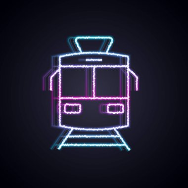 Parlayan neon hattı Tram ve demiryolu ikonu siyah arka planda izole edildi. Toplu taşıma sembolü. Vektör
