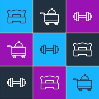 Yatak odası, Dumbbell ve tepsi dolusu yemek ikonu ile kaplı. Vektör