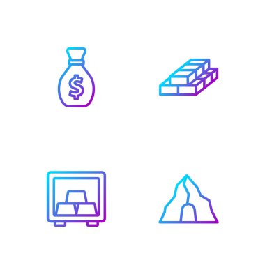 Altın madeni, altın külçeli kasa, eski para çantası ve kağıt para yığını. Renk simgeleri. Vektör