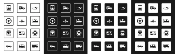 Set Rafting Boat Plane Steering Wheel Train Railway Car Icon — Stok Vektör