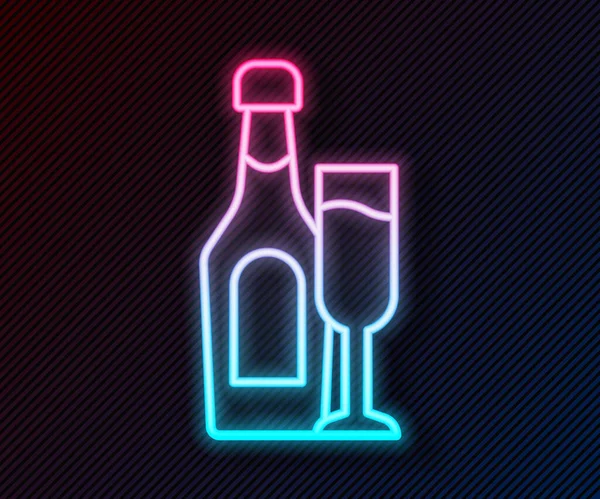 Zářící Neonová Linka Láhev Šampaňského Skleněnou Ikonou Izolovanou Černém Pozadí — Stockový vektor