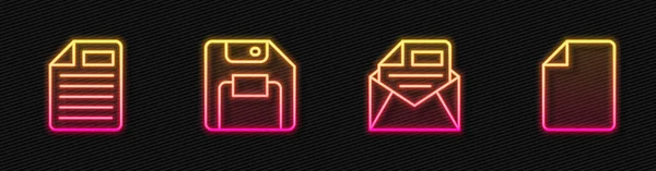 设置行邮件和电子邮件 文件文档 软盘和 发光的霓虹灯图标 — 图库矢量图片