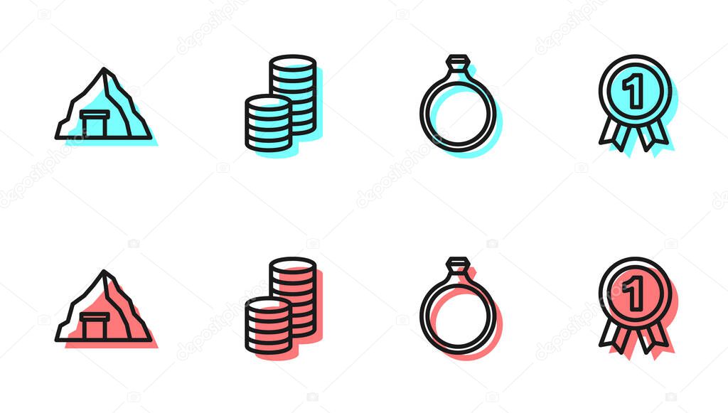 Set line Gold ring, mine, coin money and Medal icon. Vector