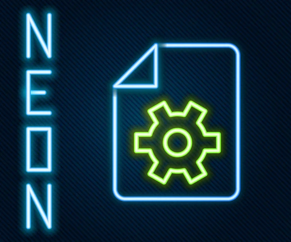 Linea neon incandescente Impostazioni del documento con l'icona degli ingranaggi isolata su sfondo nero. Aggiornamento software, protocollo di trasferimento, gestione degli strumenti di lavoro di squadra. Concetto di contorno colorato. Vettore — Vettoriale Stock