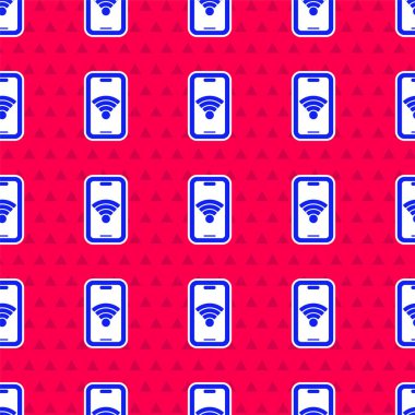 Bedava kablosuz kablosuz bağlantı ikonuna sahip mavi akıllı telefon kırmızı arka planda izole edilmiş. Kablosuz teknoloji, kablosuz bağlantı, kablosuz ağ. Vektör